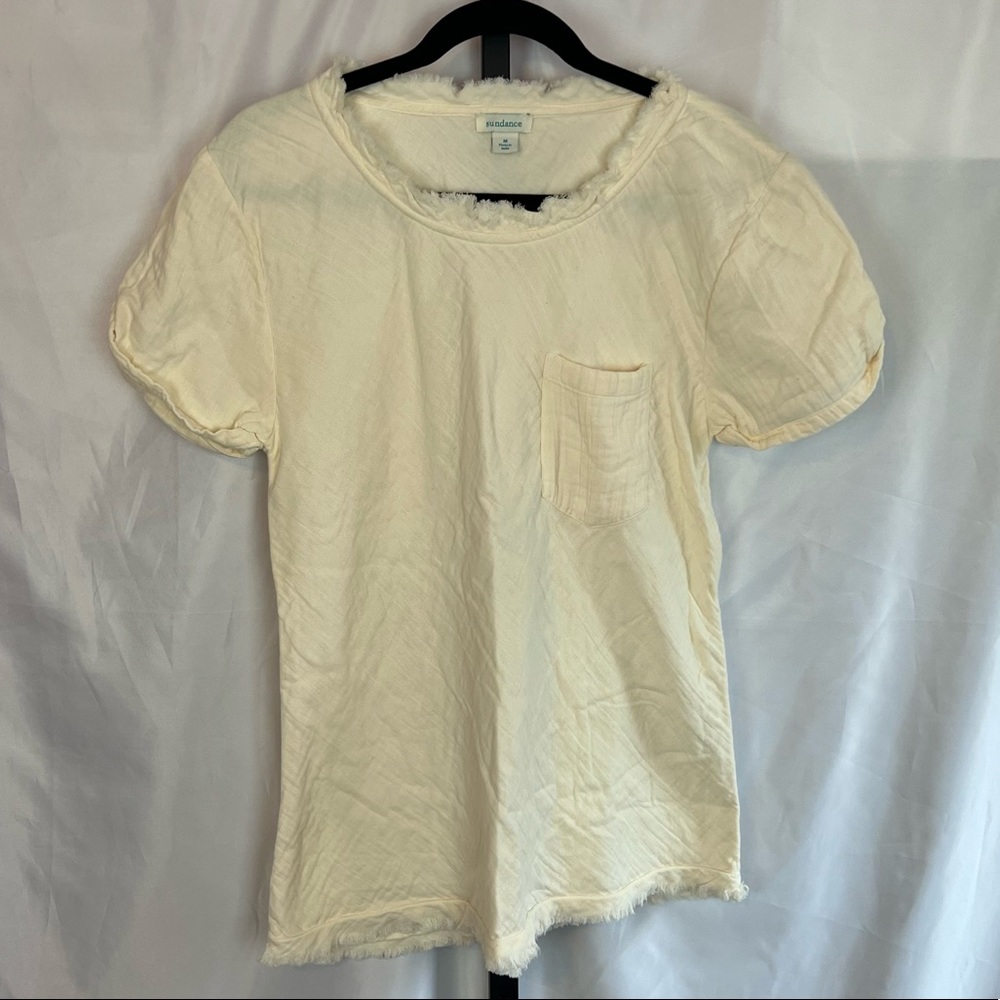 Sundance Cream Fray Detailing Short Sleeve Blouse, size Medium